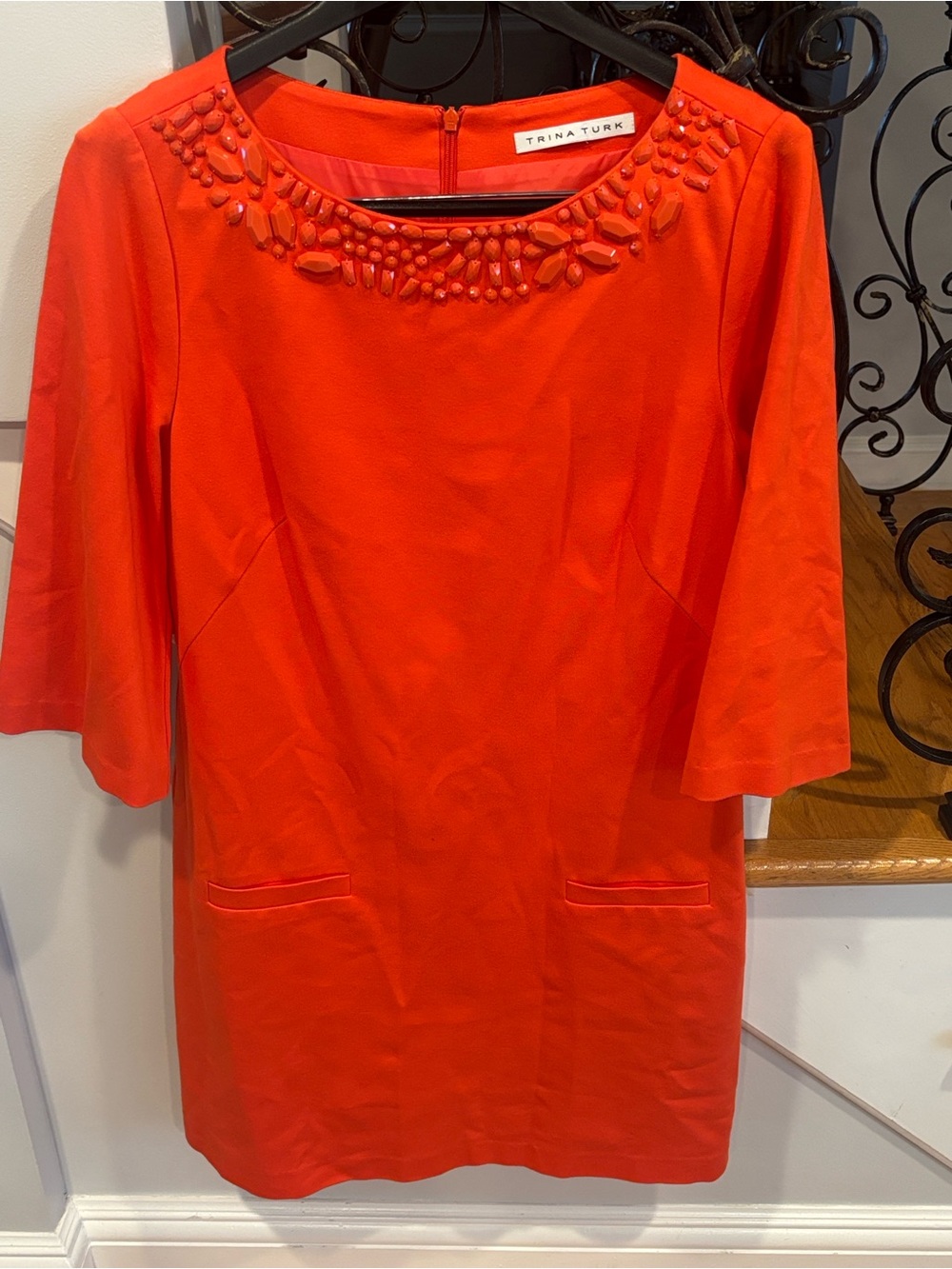TRINA TURK Red Embellished Neck Shift Dress